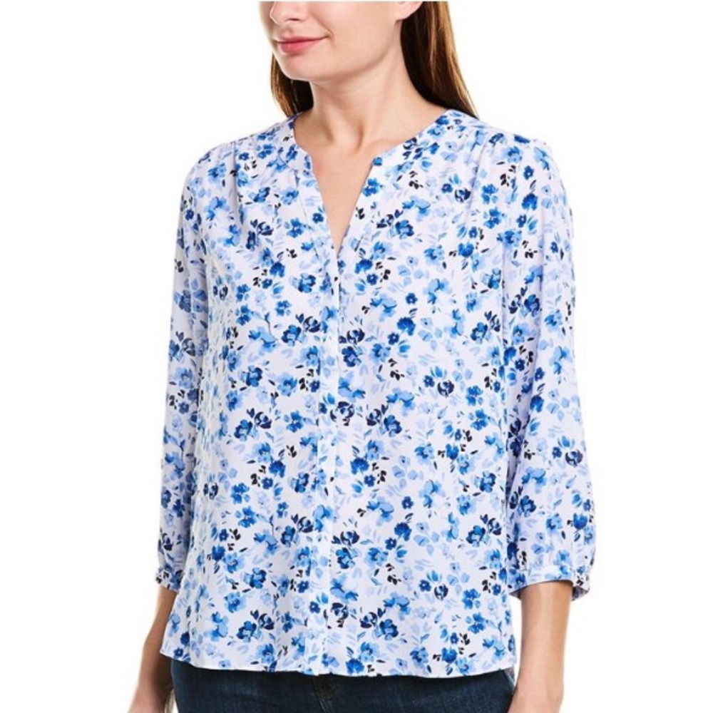 NYDJ Floral Pintuck Blouse Blue Medium